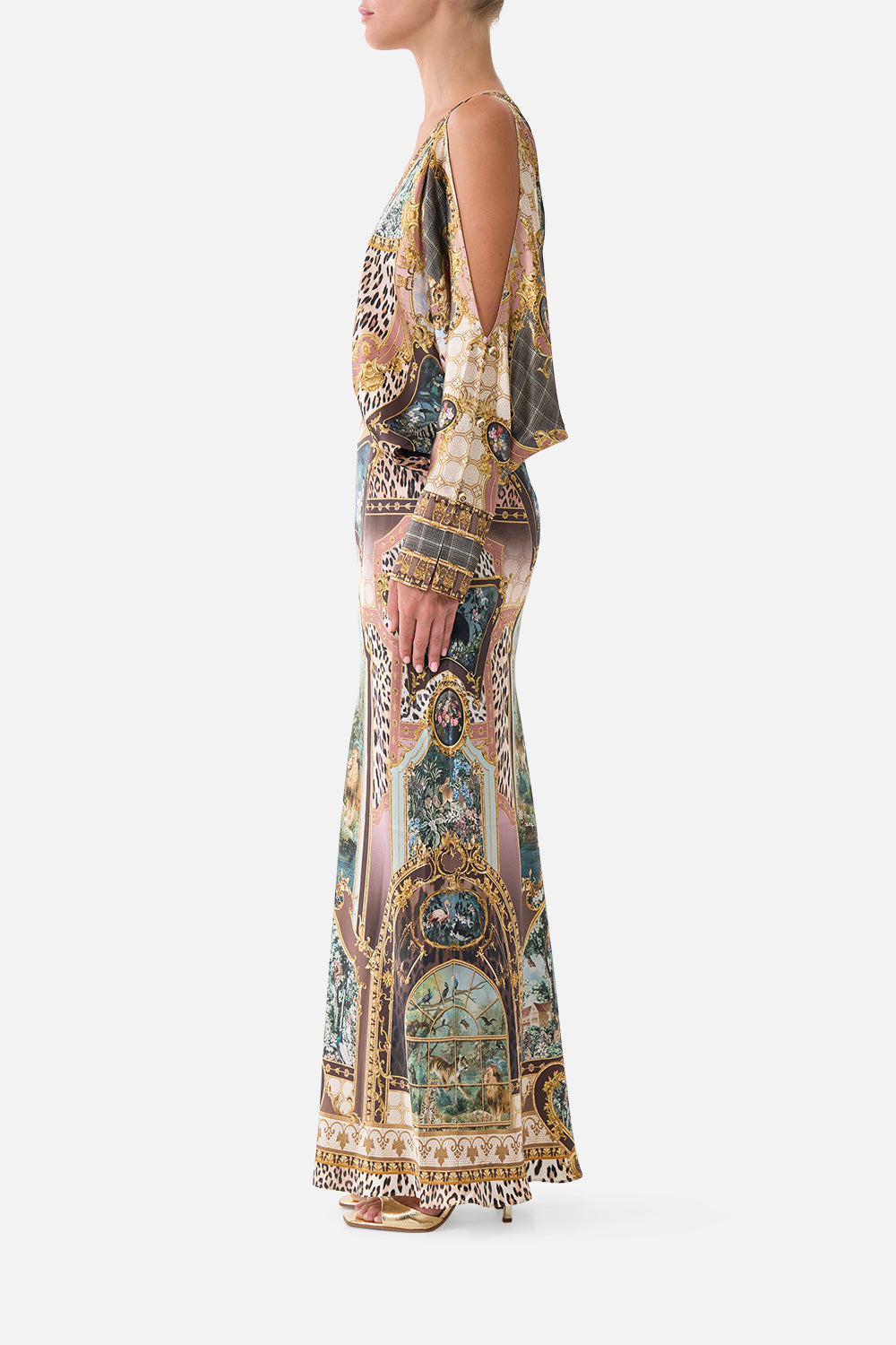 The CAMILLA Plunge Neck Draped Shoulder Dress Animals in the Palace in our Animals in the Palace print.