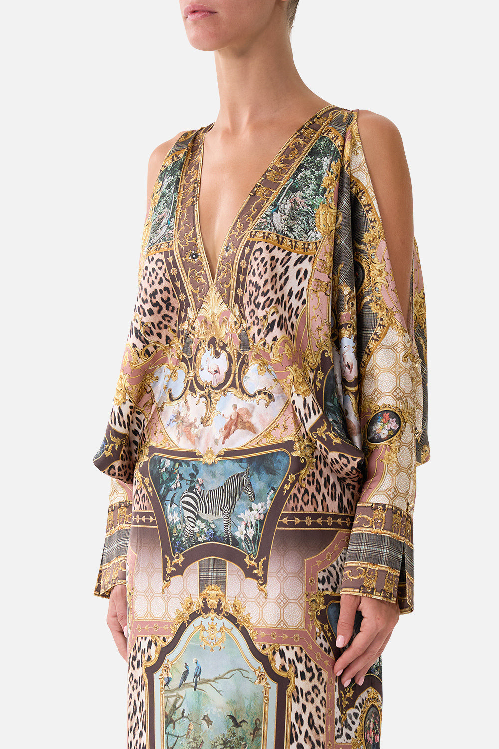 The CAMILLA Plunge Neck Draped Shoulder Dress Animals in the Palace in our Animals in the Palace print.