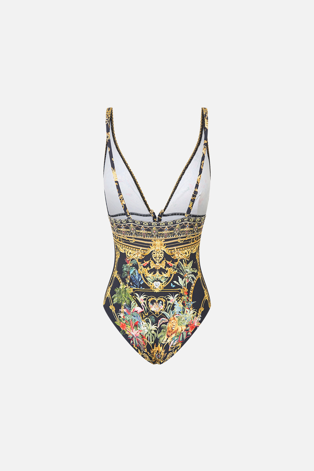 The CAMILLA High Tri One Piece with Front Trim in our Palace Zoology print, back view.