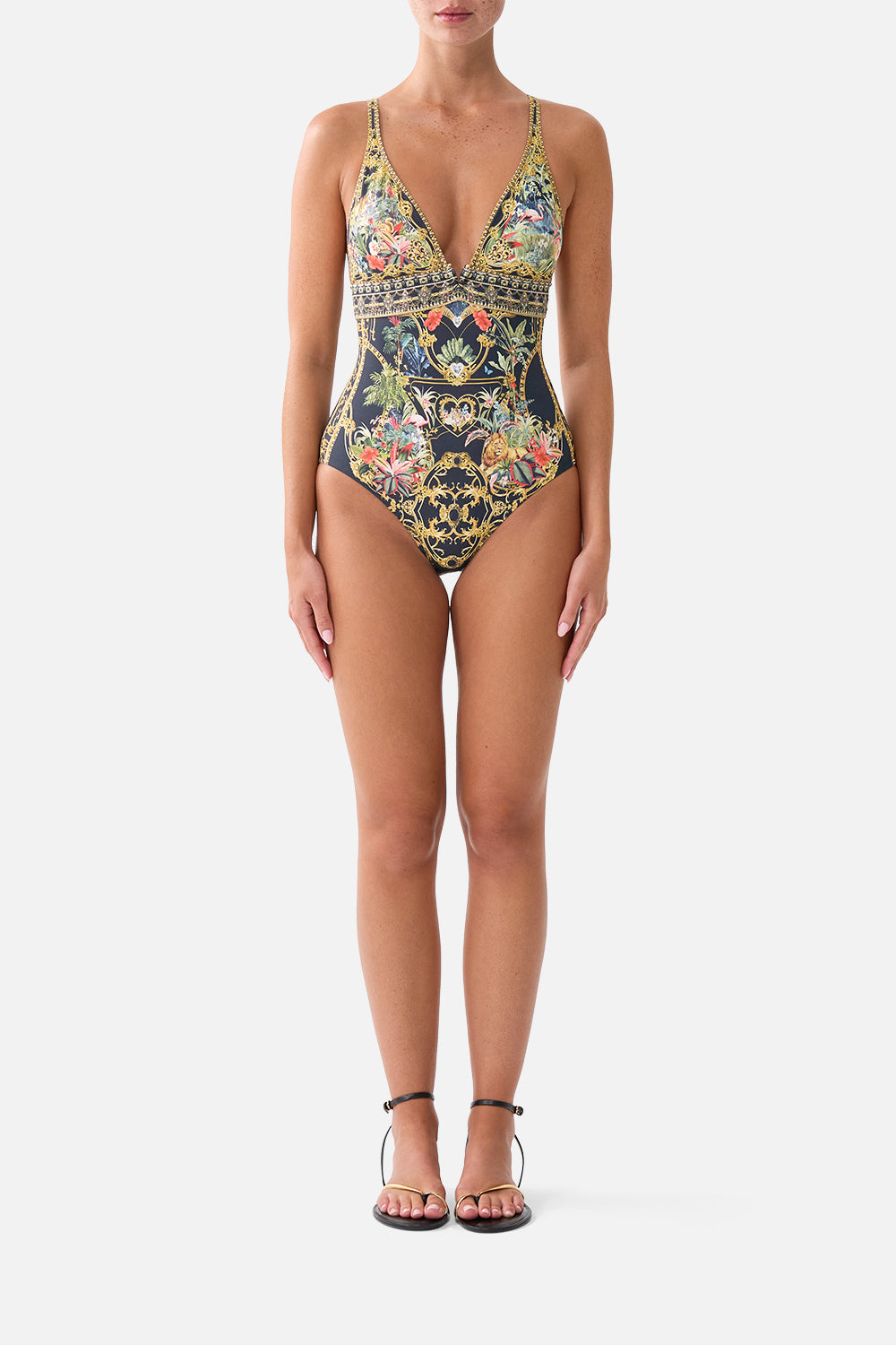 The CAMILLA High Tri One Piece with Front Trim in our Palace Zoology print, front view on model.