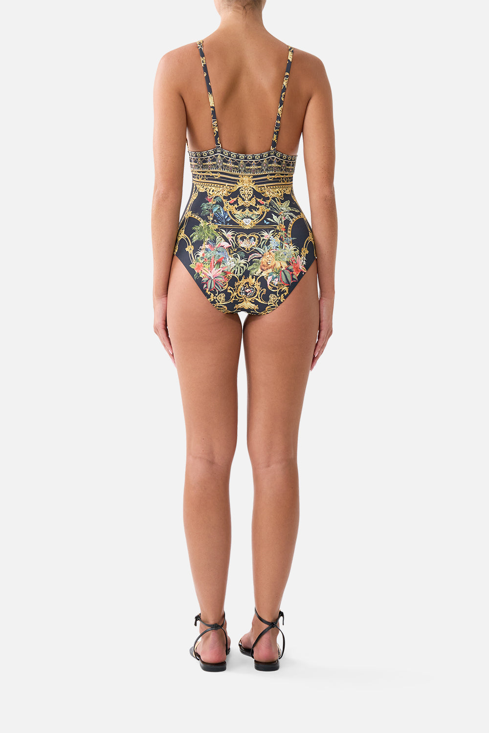 The CAMILLA High Tri One Piece with Front Trim in our Palace Zoology print, back view on model.