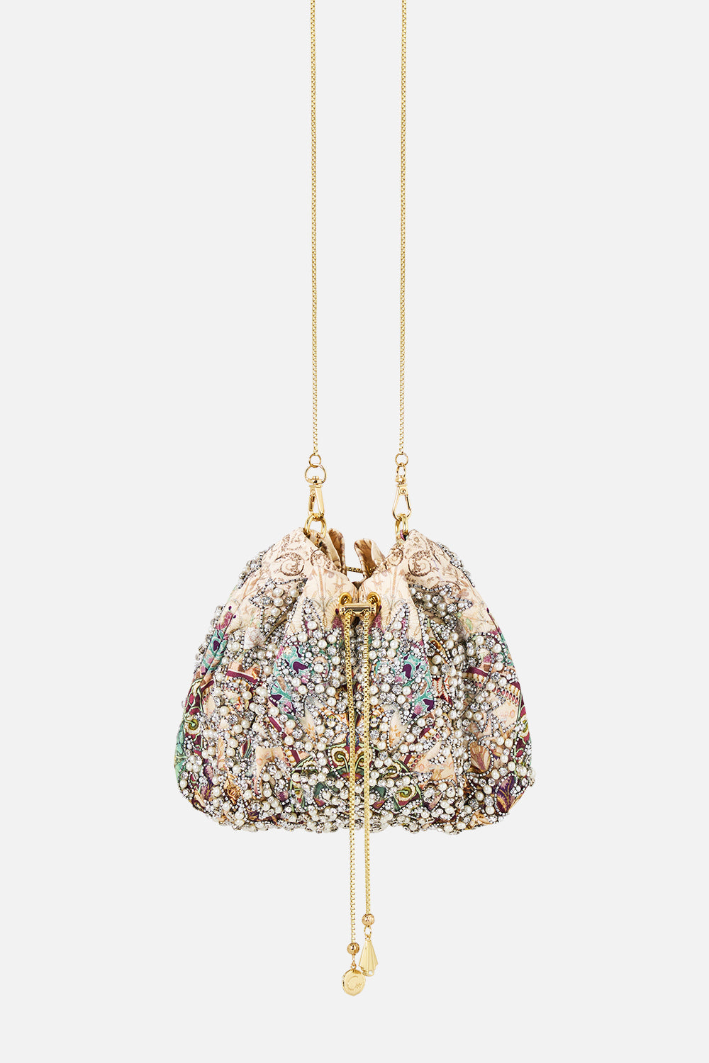 DRAWSTRING POUCH BAG WITH CHAIN STRAP A MEETING OF MASTERPIECES