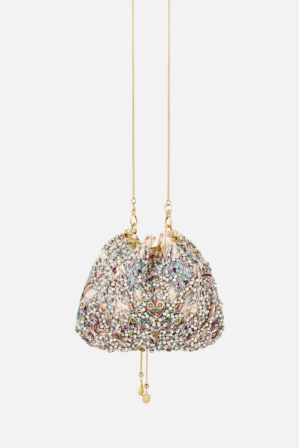 DRAWSTRING POUCH BAG WITH CHAIN STRAP A MEETING OF MASTERPIECES