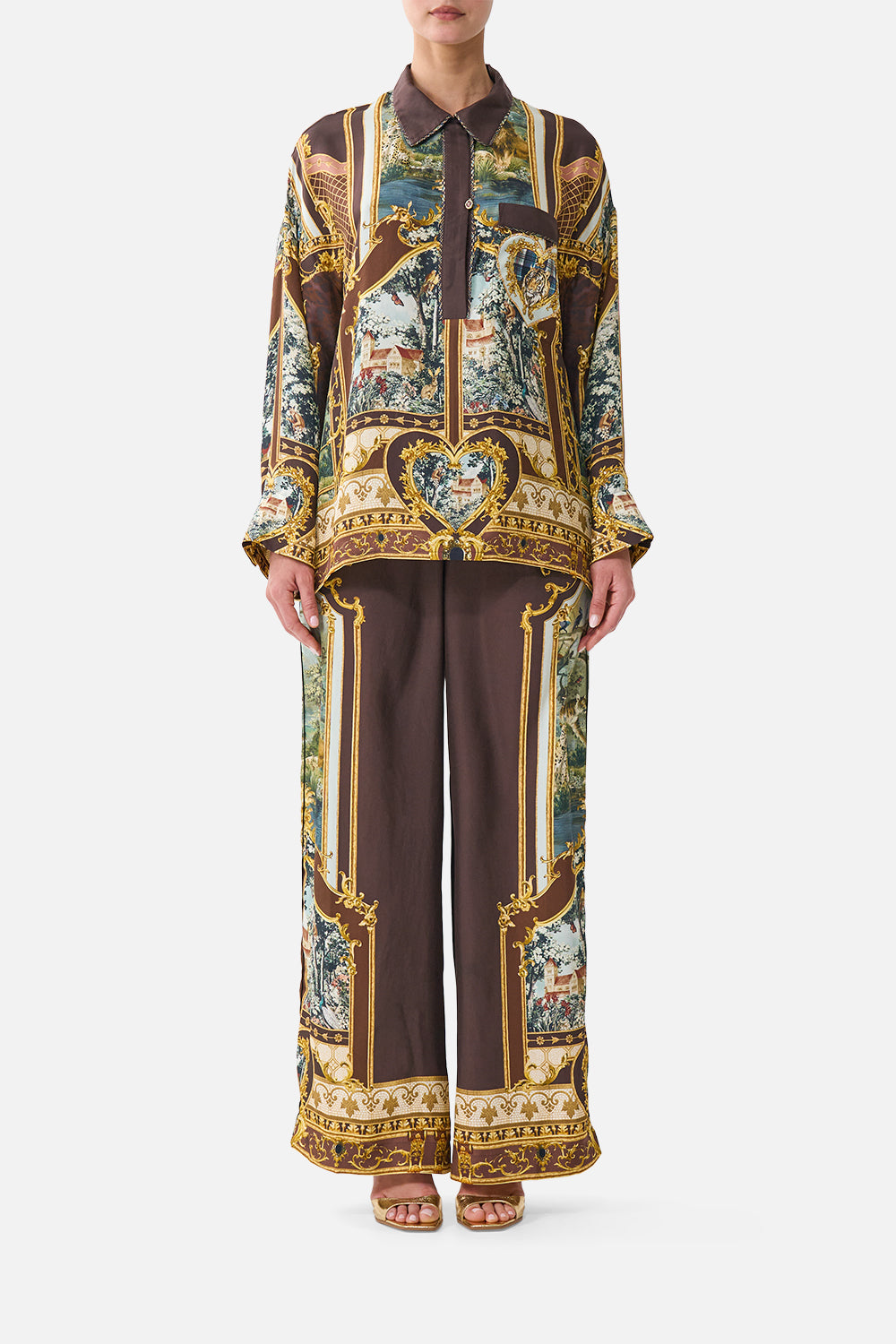 The CAMILLA Wide Leg Waisted Pant Animals in the Palace in our Animals in the Palace print.