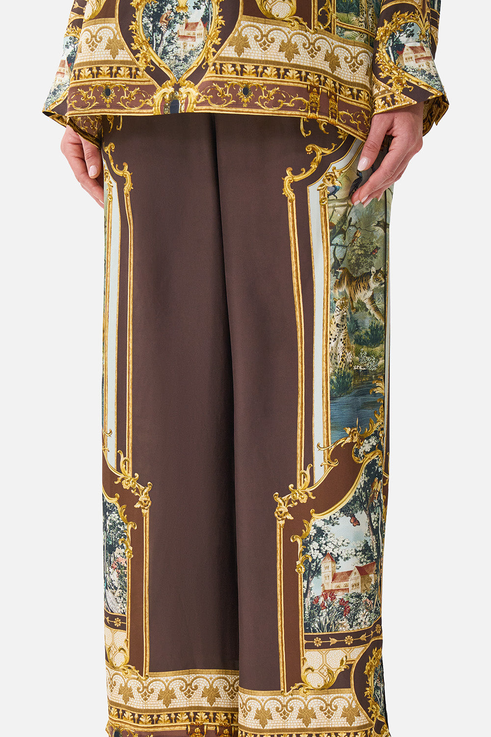 The CAMILLA Wide Leg Waisted Pant Animals in the Palace in our Animals in the Palace print.
