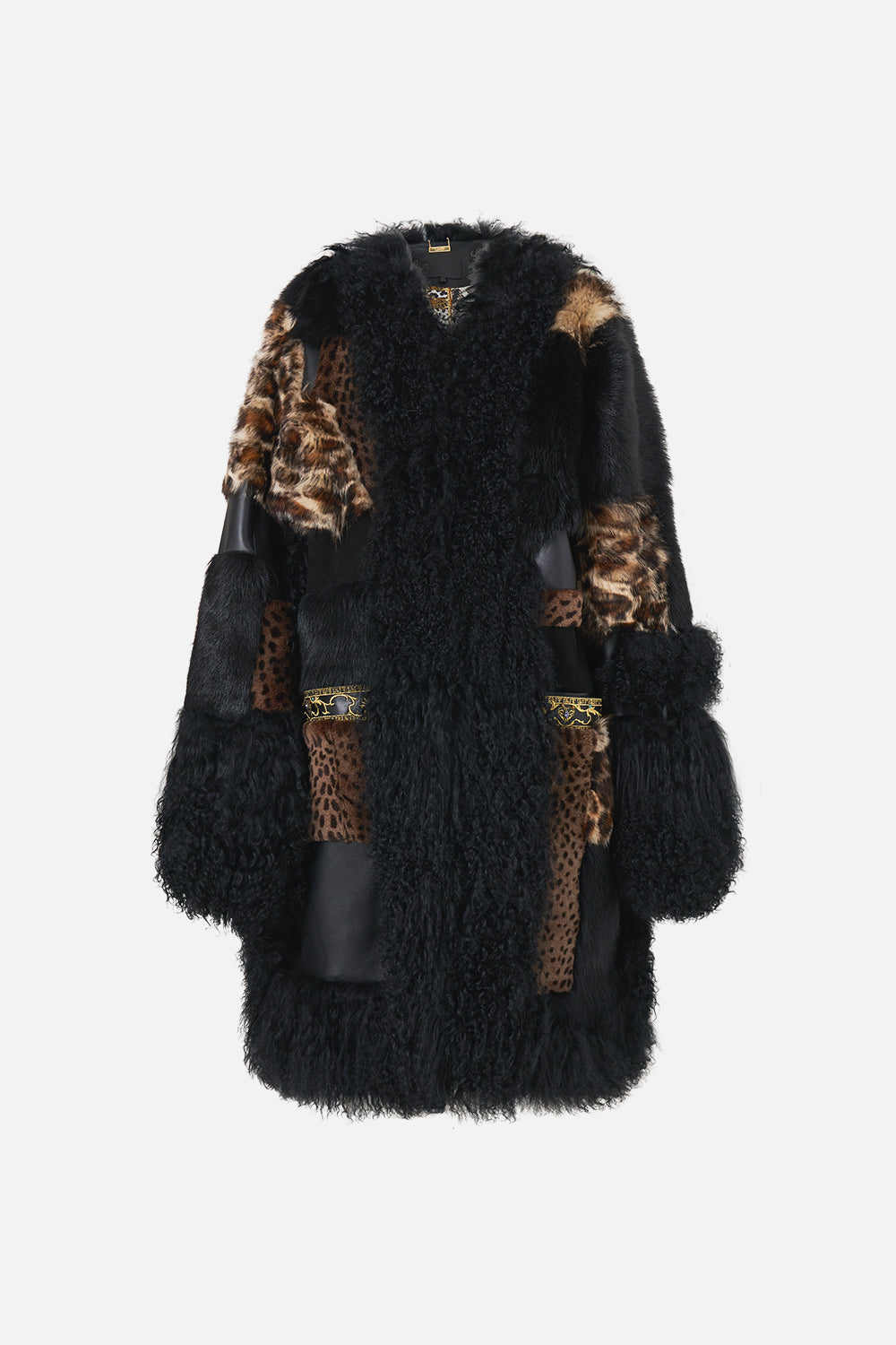 The CAMILLA Leather Patchwork Coat Leopard Libertine in our Leopard Libertine print.
