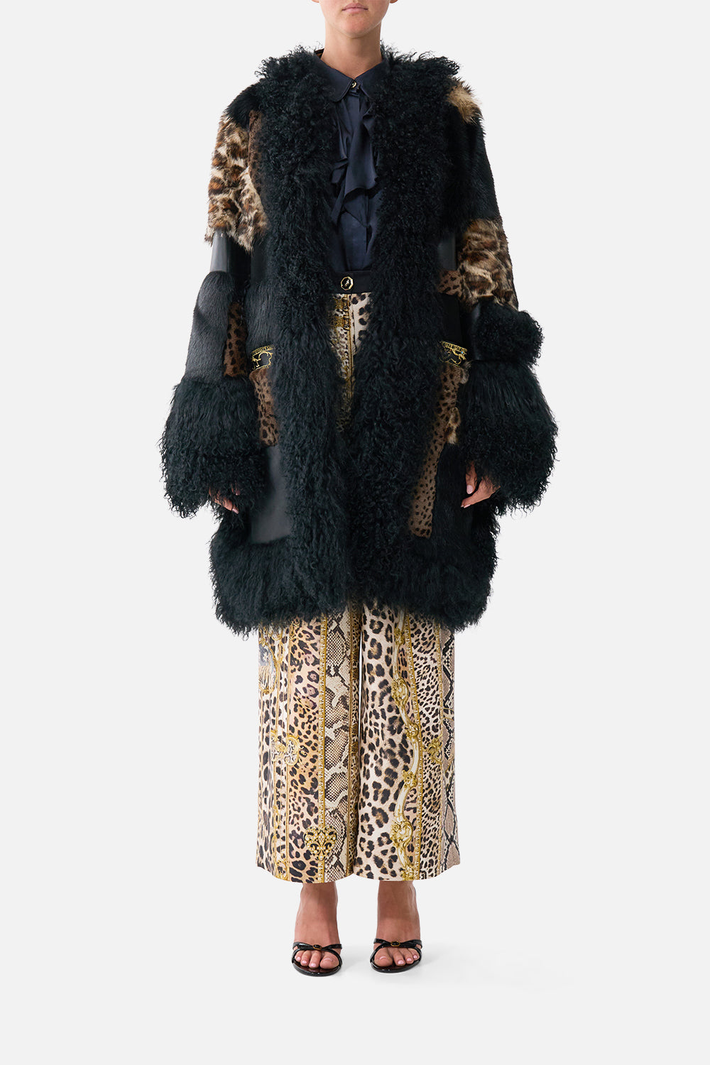 The CAMILLA Leather Patchwork Coat Leopard Libertine in our Leopard Libertine print.