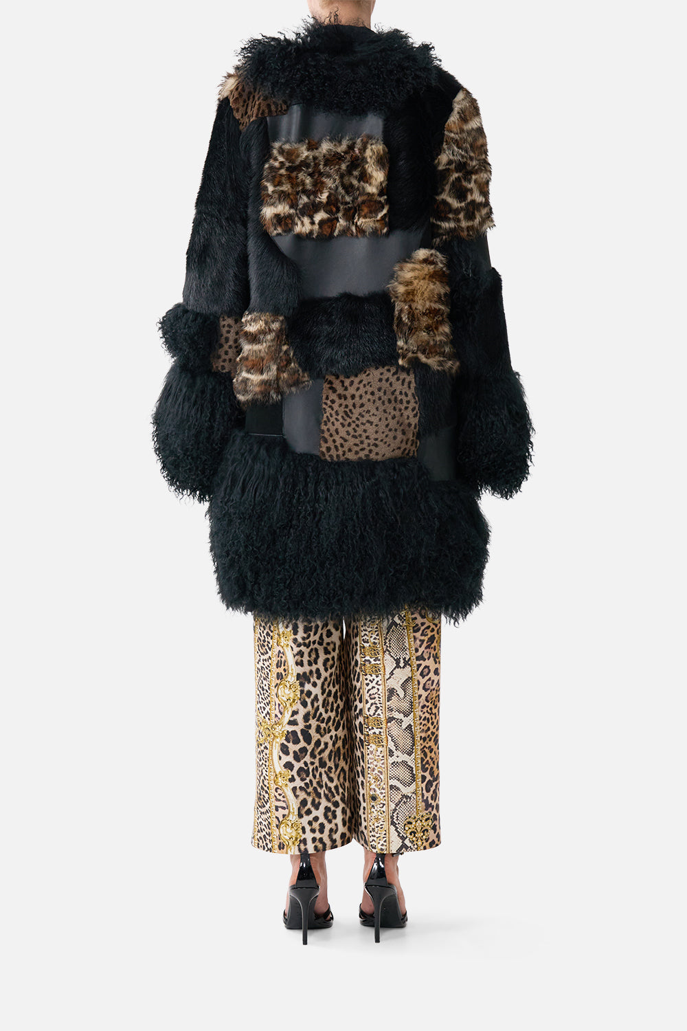 The CAMILLA Leather Patchwork Coat Leopard Libertine in our Leopard Libertine print.