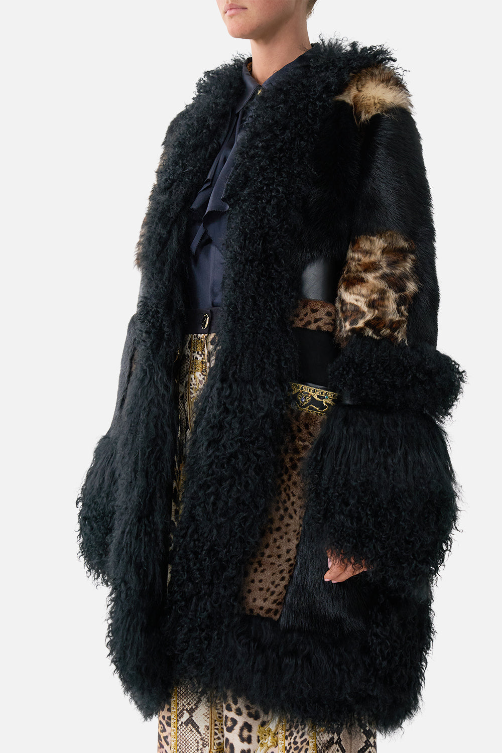 The CAMILLA Leather Patchwork Coat Leopard Libertine in our Leopard Libertine print.