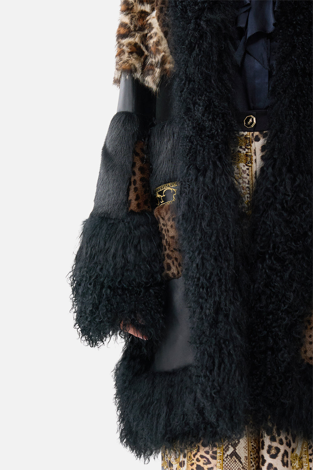 The CAMILLA Leather Patchwork Coat Leopard Libertine in our Leopard Libertine print.