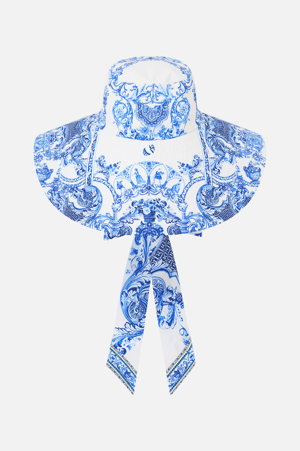 The CAMILLA WIDE BRIM BUCKET HAT WITH TIE CERAMIC PANORAMIC in our  print.