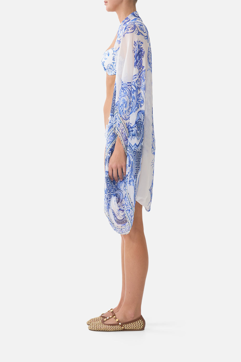 The CAMILLA SILK CHIFFON SHRUG CERAMIC PANORAMIC in our  print.