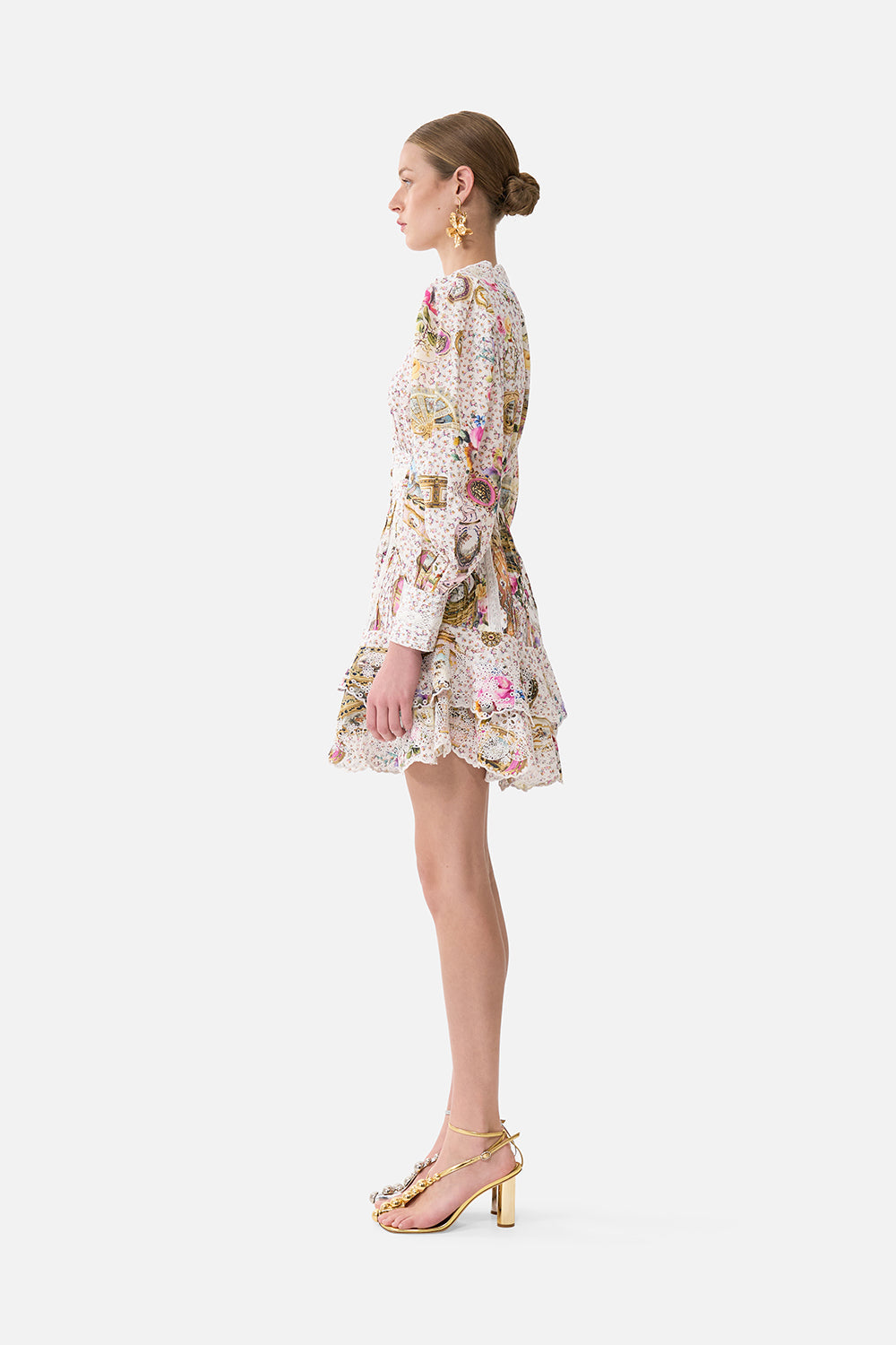 The CAMILLA BUTTON FRONT FRILL DRESS IN THE HEART OF ART in our  print.