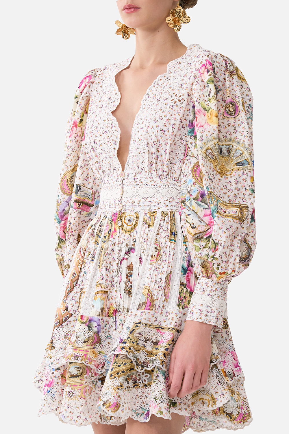The CAMILLA BUTTON FRONT FRILL DRESS IN THE HEART OF ART in our  print.