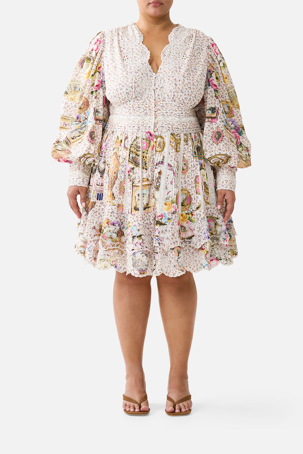 The CAMILLA BUTTON FRONT FRILL DRESS IN THE HEART OF ART in our  print.