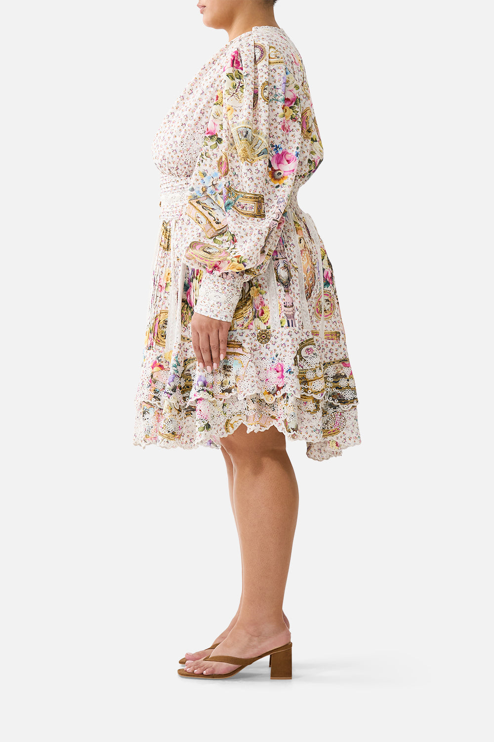 The CAMILLA BUTTON FRONT FRILL DRESS IN THE HEART OF ART in our  print.