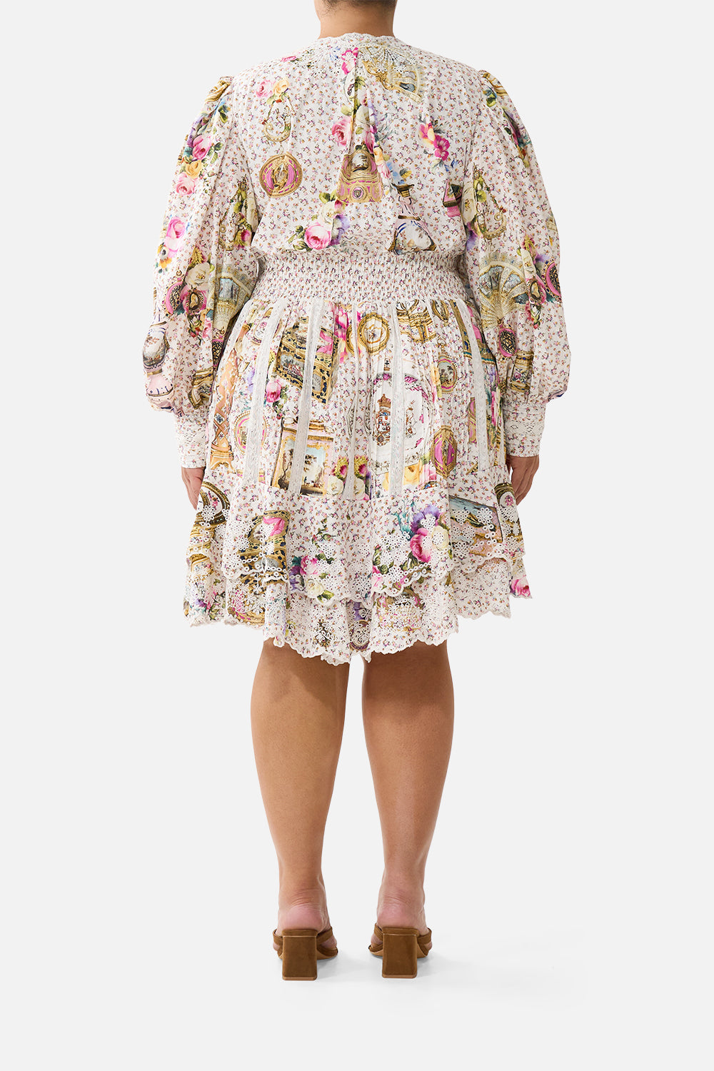 The CAMILLA BUTTON FRONT FRILL DRESS IN THE HEART OF ART in our  print.