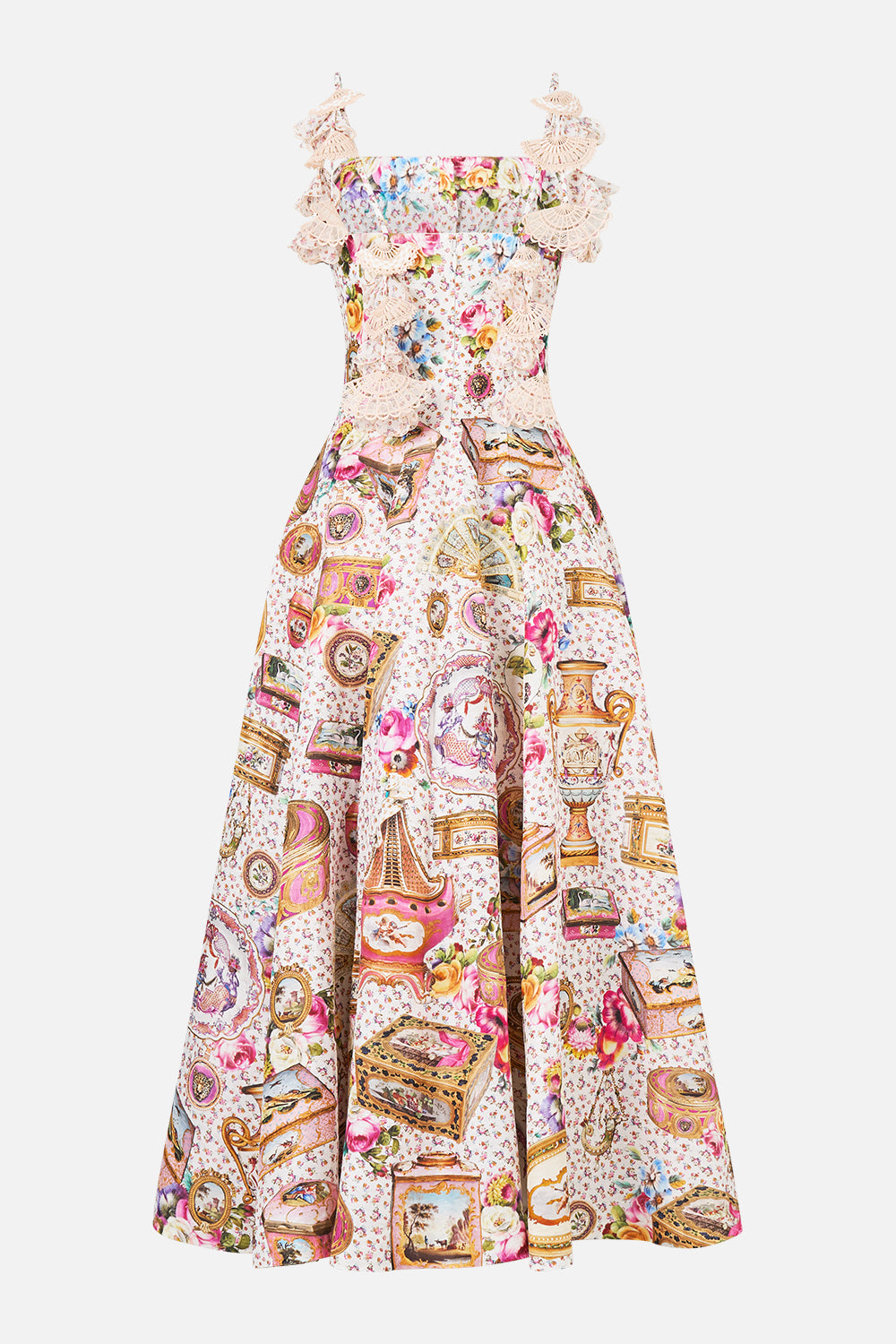 The CAMILLA Corset Dress With Long Flared Skirt in our In The Heart Of Art print.