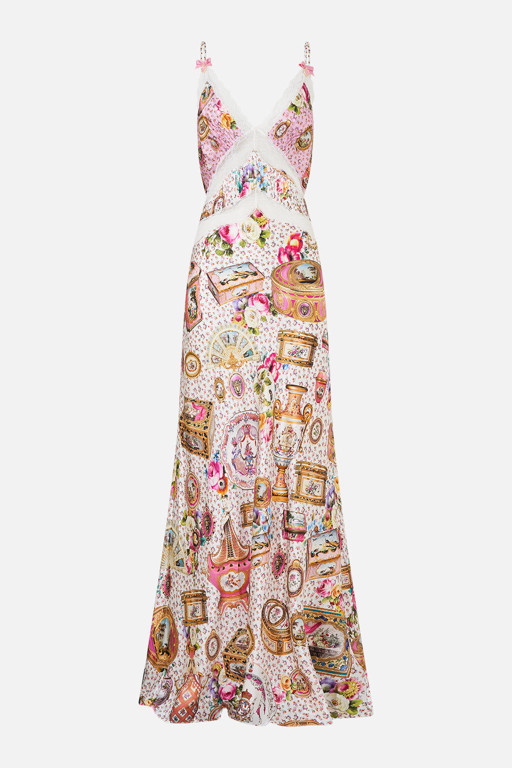 V-NECK LONG BIAS SLIP DRESS WITH TRAIN IN THE HEART OF ART