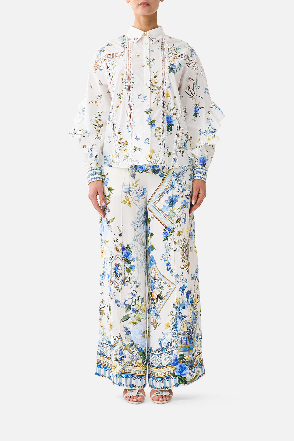 The CAMILLA BUTTON SHIRT WITH FRILL DETAIL DANDELION SKIESDANDELION SKIES