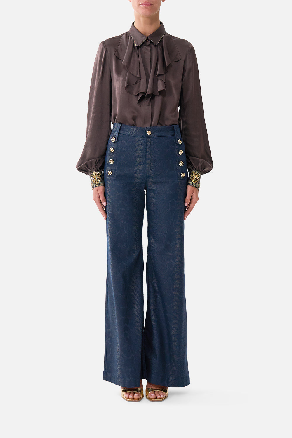 The CAMILLA Amanda Flare Jean with Hardware Detail Denim in our Denim print.
