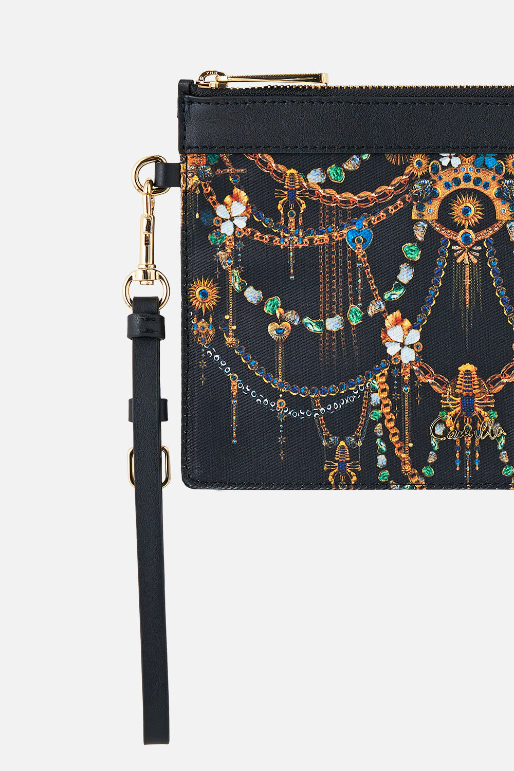 The CAMILLA CLUTCH WITH WRISTLET AMULETS AND ALCHEMY in our  print.
