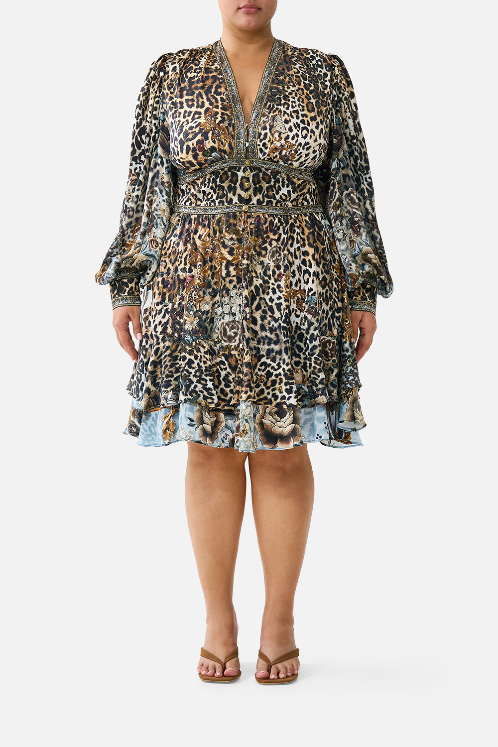 The CAMILLA BUTTON FRONT FRILL DRESS FIESTA, SIESTA, REPEAT in our  print.
