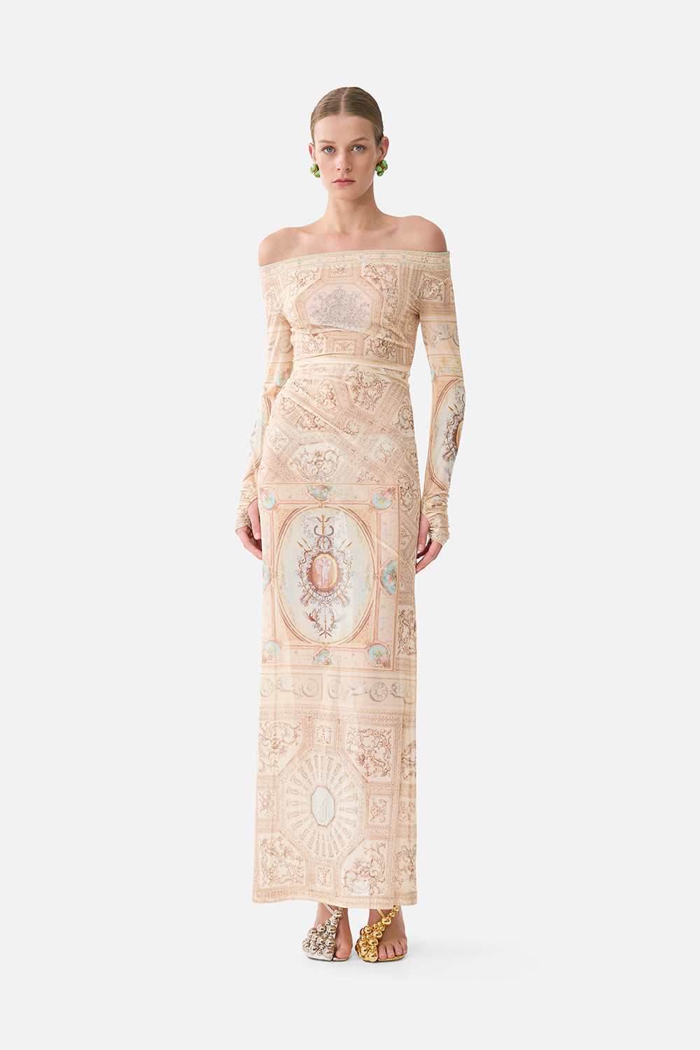 The CAMILLA MESH OFF SHOULDER GATHERED JERSEY DRESS A BELOVED BOUDOIR in our A BELOVED BOUDOIR print.