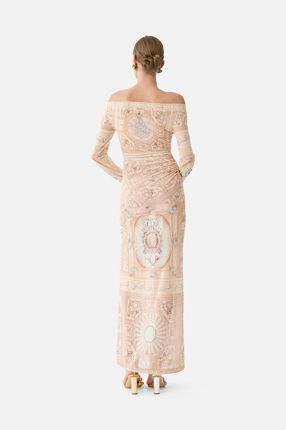 The CAMILLA MESH OFF SHOULDER GATHERED JERSEY DRESS A BELOVED BOUDOIR in our  print.