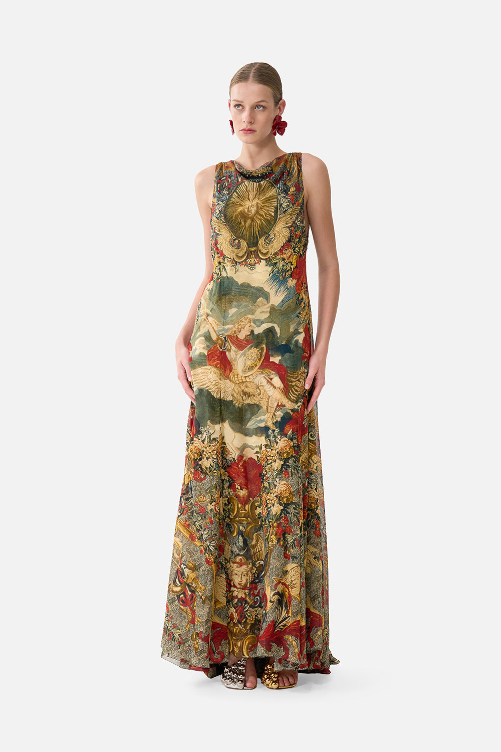 The CAMILLA Open Back Gown With Front Split in our Meet Me At The Met print.