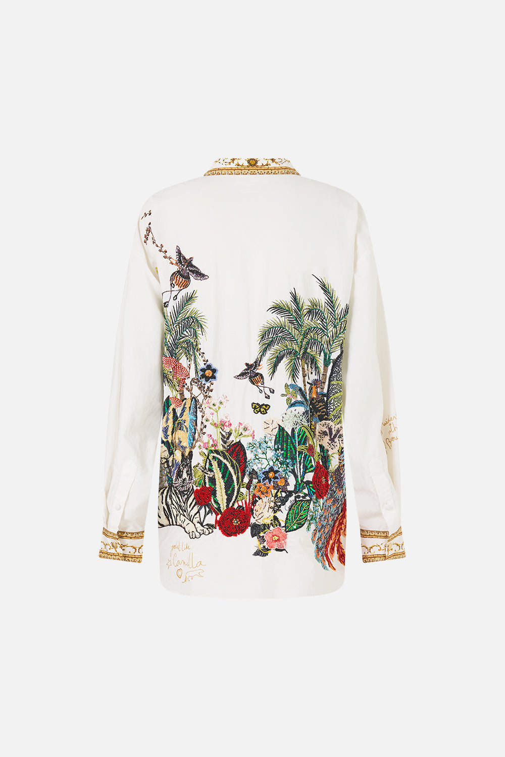 The CAMILLA Long Sleeve Oversized Shirt with Pocket in our Wanderlust Empire print, back view.