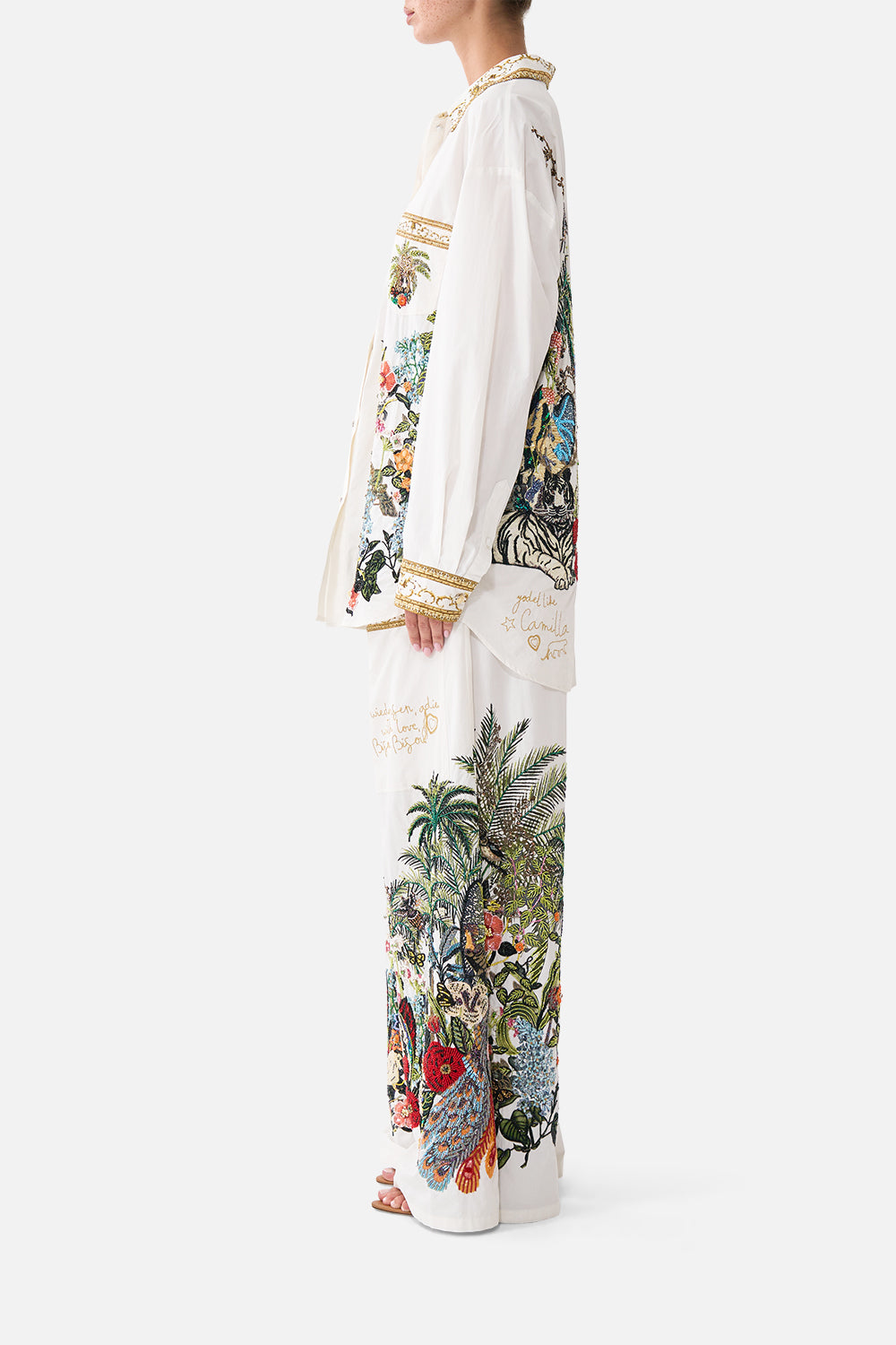 The CAMILLA Long Sleeve Oversized Shirt with Pocket in our Wanderlust Empire print, side view on model.