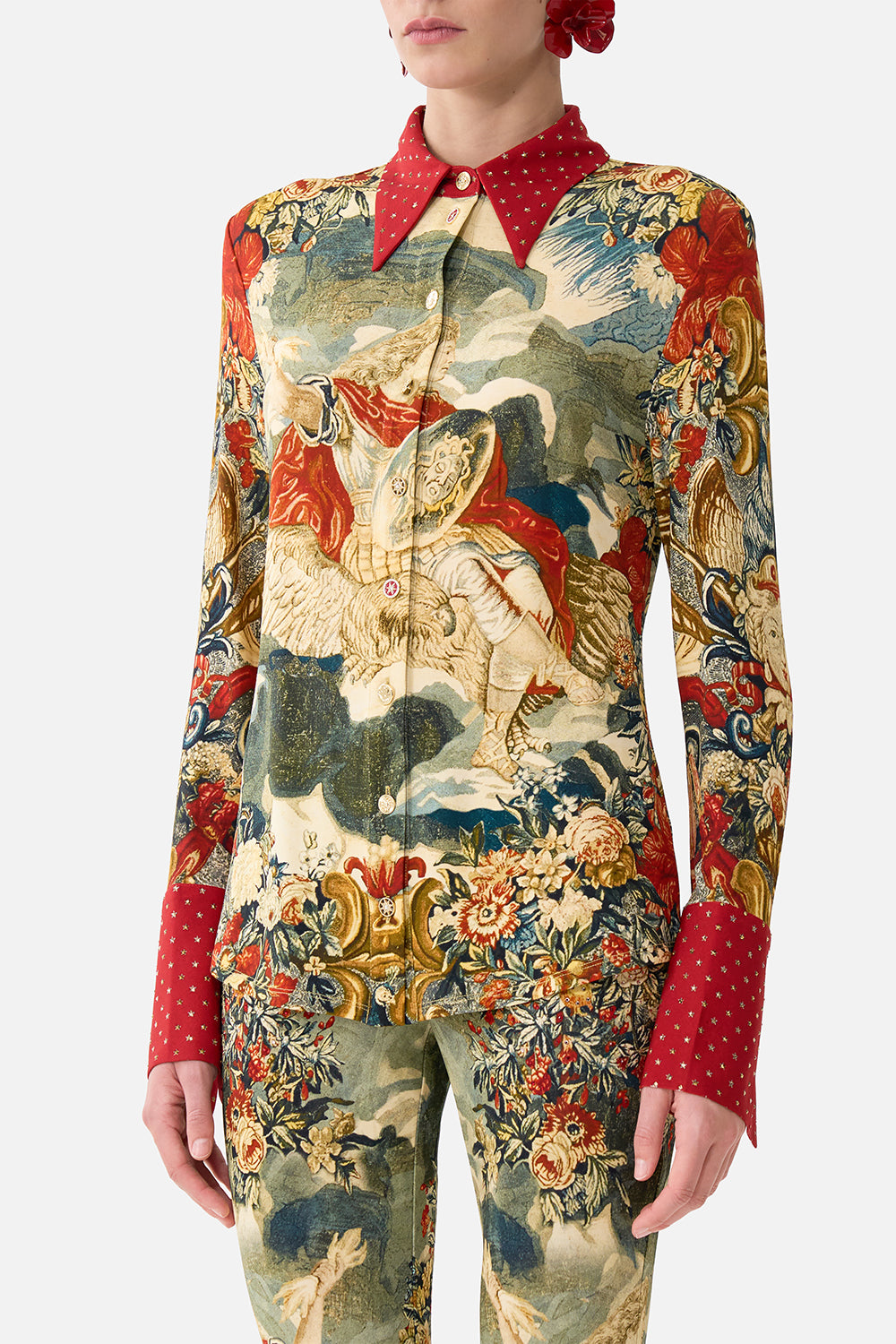 The CAMILLA Fitted Jersey Shirt in our Meet Me At The Met print.