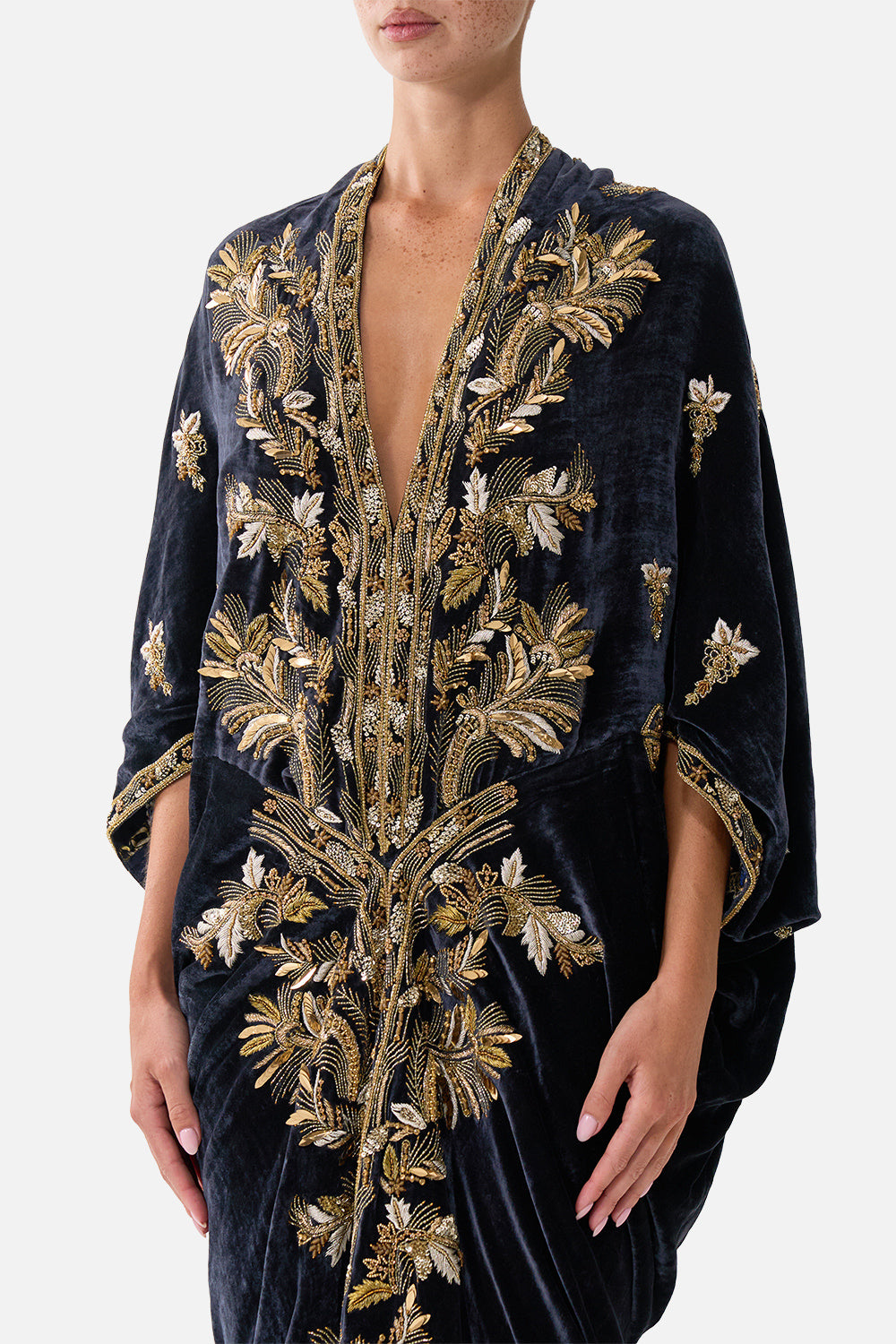 LONG V NECK KAFTAN WITH SPLIT FRONT CLOAKED IN BAROQUE
