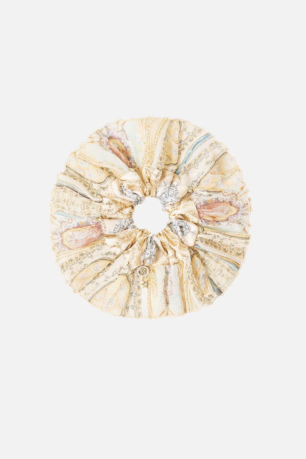 The CAMILLA SCRUNCHIE WITH FRILL EDGE A BELOVED BOUDOIR in our A BELOVED BOUDOIR print.