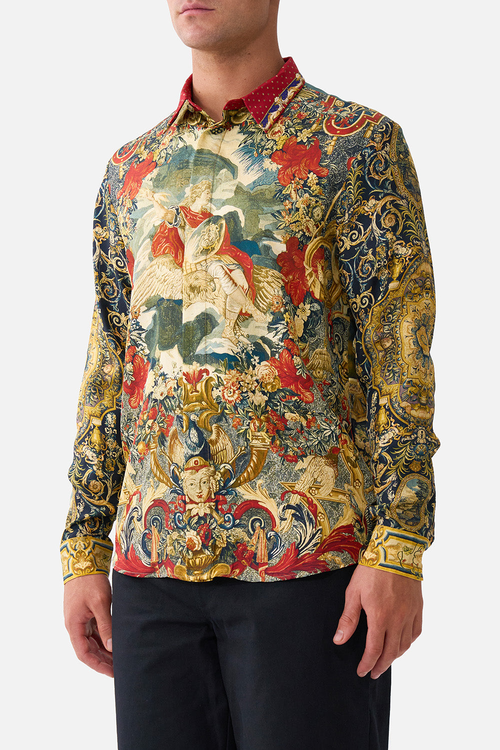 The CAMILLA LONG SLEEVE HIDDEN PLACKET SHIRT MEET ME AT THE MET in our  print.