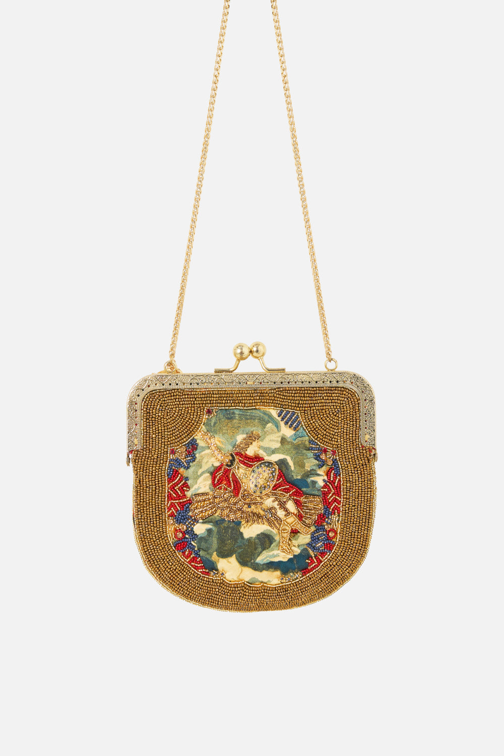 The CAMILLA Silk Pouch With Metal Frame Closure in our Meet Me At The Met print.