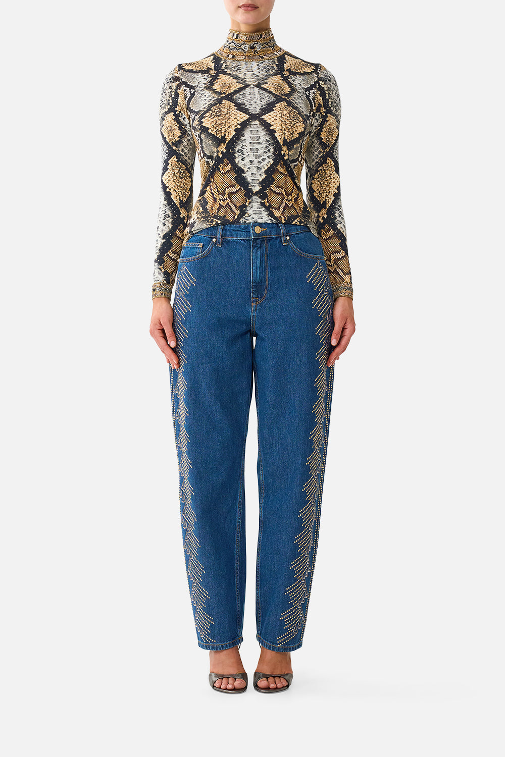The CAMILLA Jersey Turtleneck in Print Animalia Heirlooms. Model View