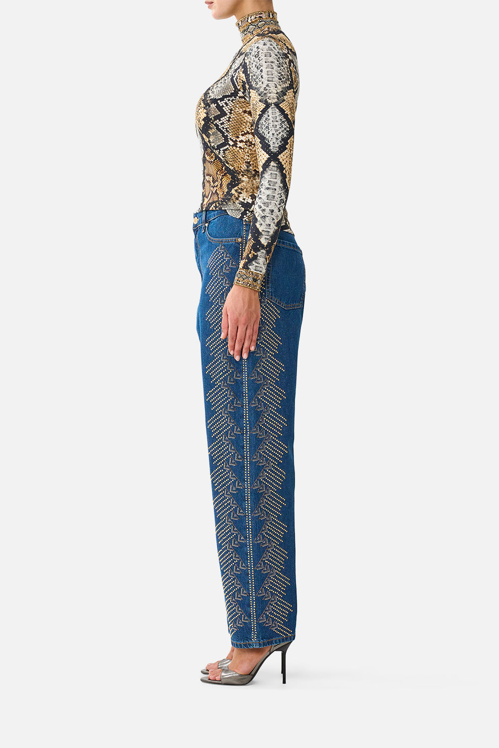 The CAMILLA Jersey Turtleneck in Print Animalia Heirlooms. Model View