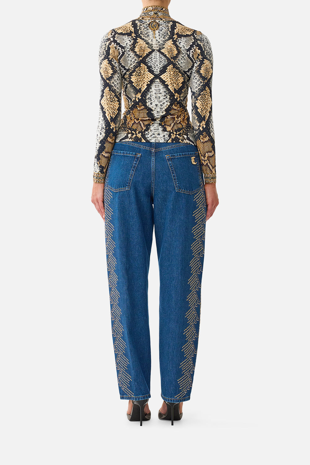 The CAMILLA Jersey Turtleneck in Print Animalia Heirlooms. Model View