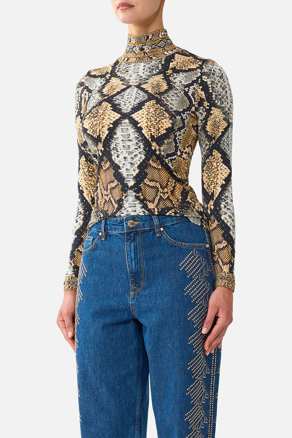 The CAMILLA Jersey Turtleneck in Print Animalia Heirlooms. Model View