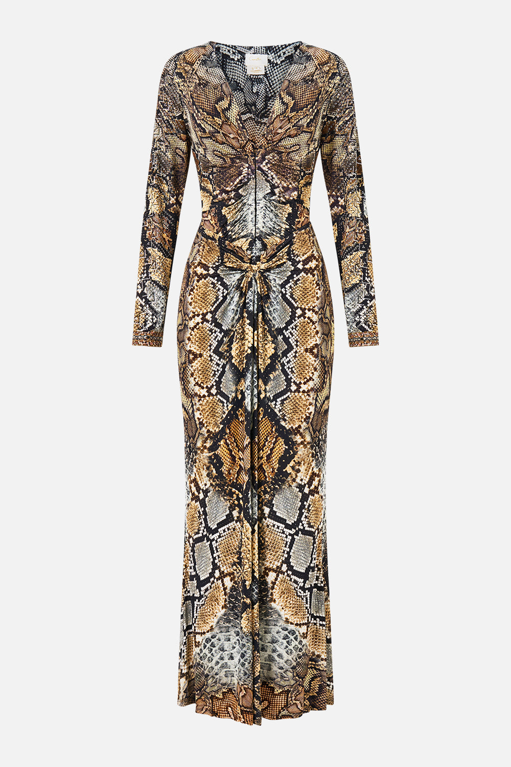 The CAMILLA Gathered V-Neck Long Dress in Print Animalia Heirlooms. Ghost View Front