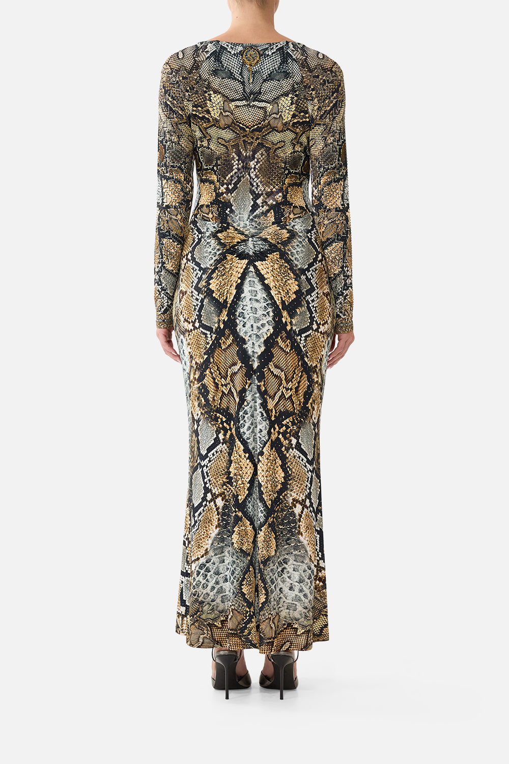 The CAMILLA Gathered V-Neck Long Dress in Print Animalia Heirlooms. Model View