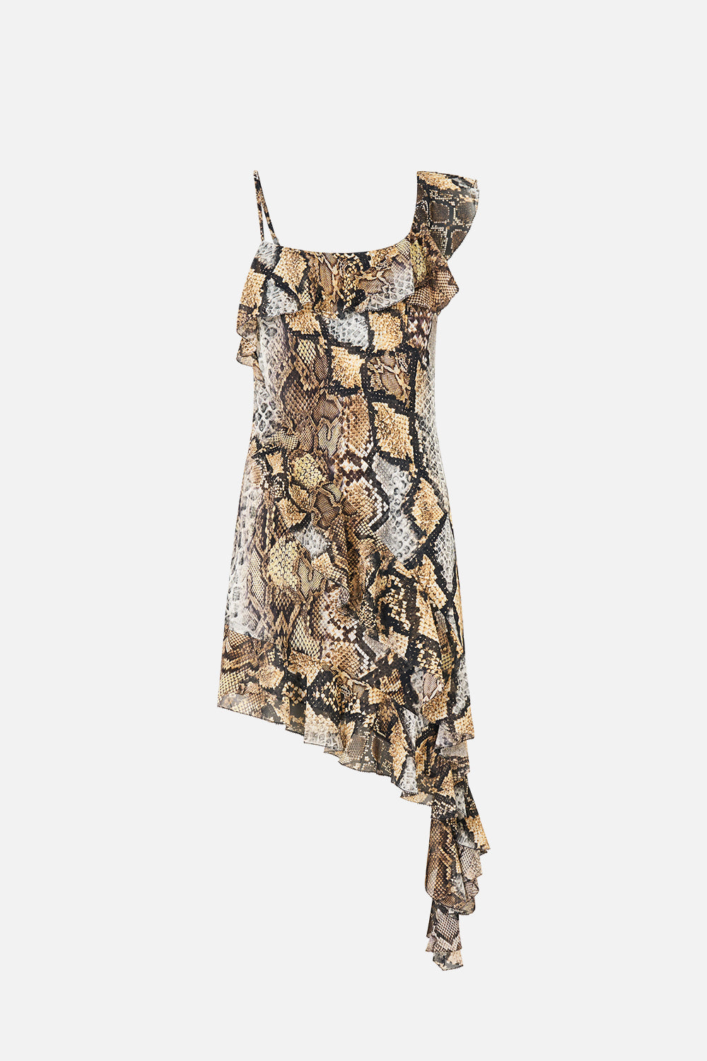 The CAMILLA Asymmetric Hem Ruffle Dress in Print Animalia Heirlooms. Ghost View Front