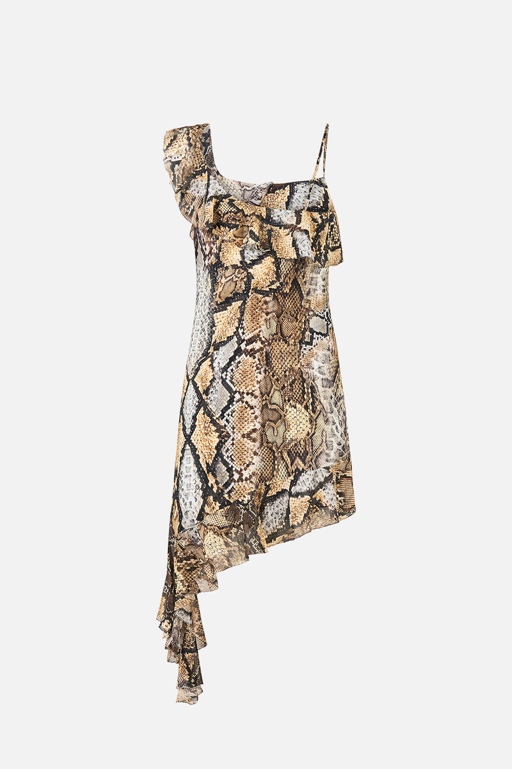 The CAMILLA Asymmetric Hem Ruffle Dress in Print Animalia Heirlooms. Ghost View Back