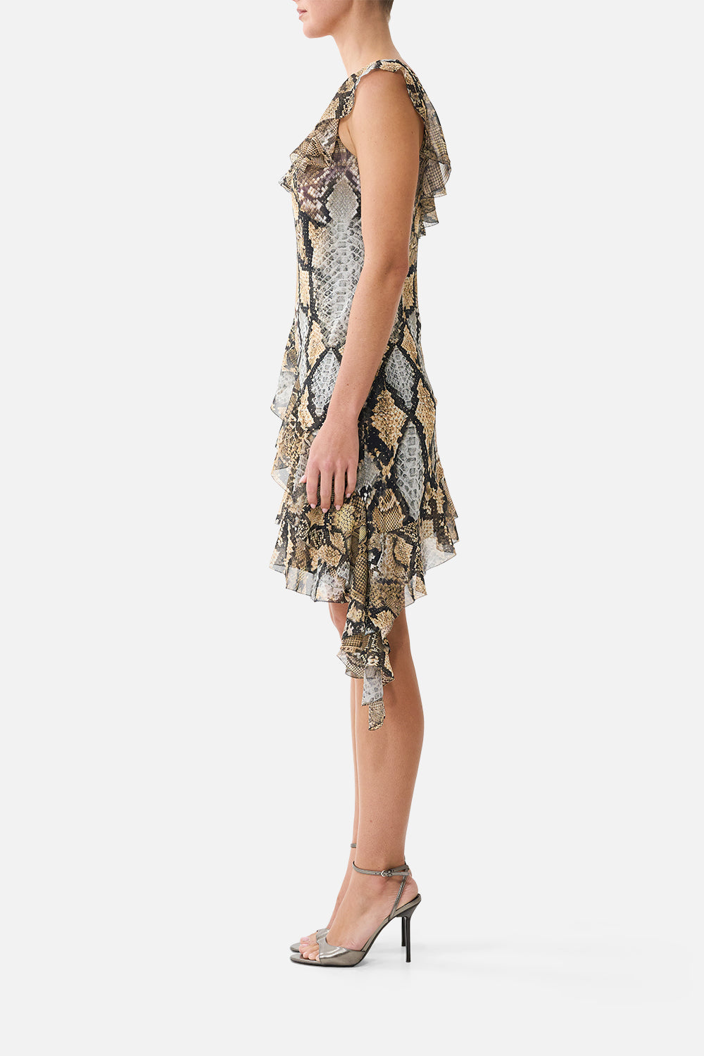 The CAMILLA Asymmetric Hem Ruffle Dress in Print Animalia Heirlooms. Model View