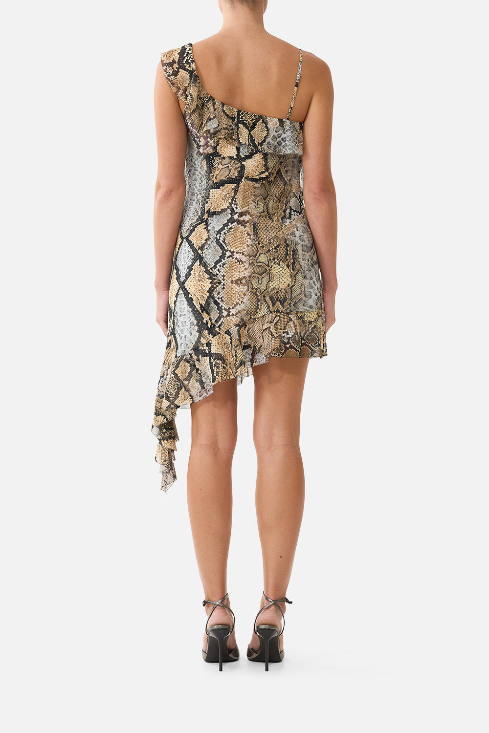The CAMILLA Asymmetric Hem Ruffle Dress in Print Animalia Heirlooms. Model View