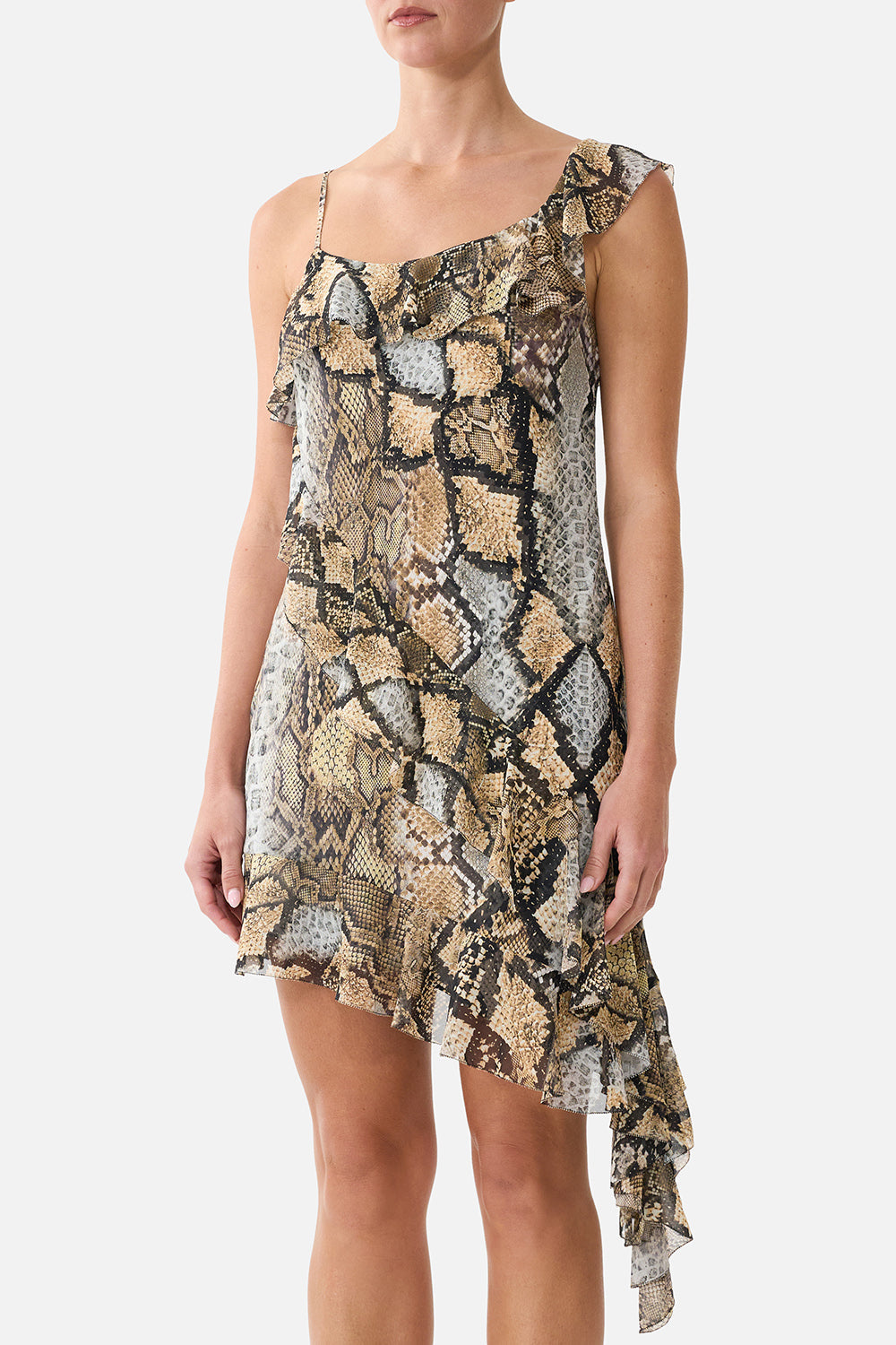 The CAMILLA Asymmetric Hem Ruffle Dress in Print Animalia Heirlooms. Model View