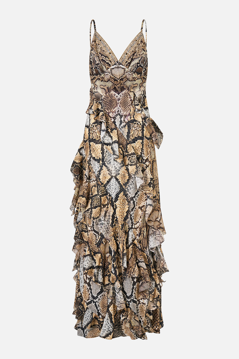 The CAMILLA Asymmetrical Ruffle Slip Dress in Print Animalia Heirlooms. Ghost View Back