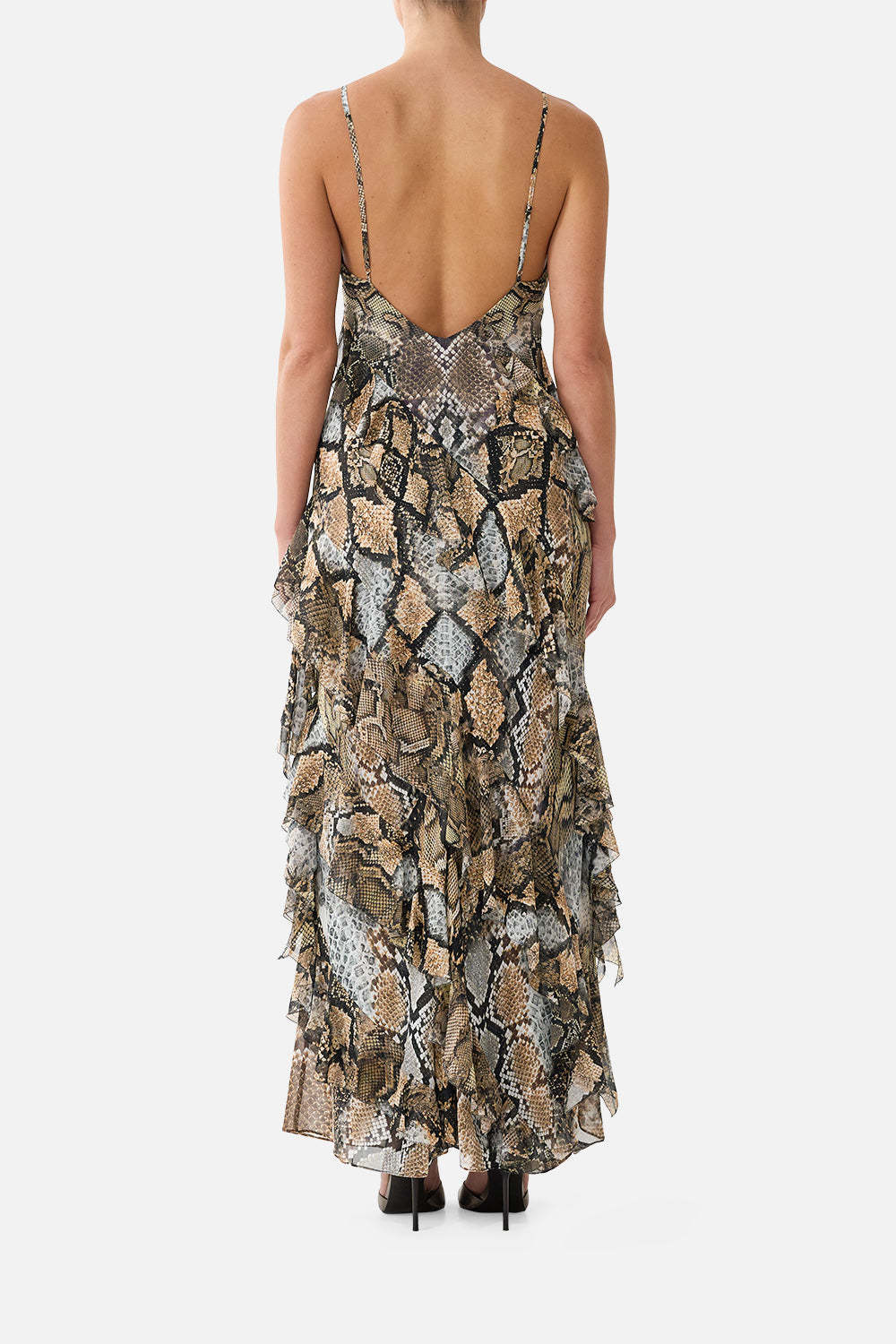 The CAMILLA Asymmetrical Ruffle Slip Dress in Print Animalia Heirlooms. Model View